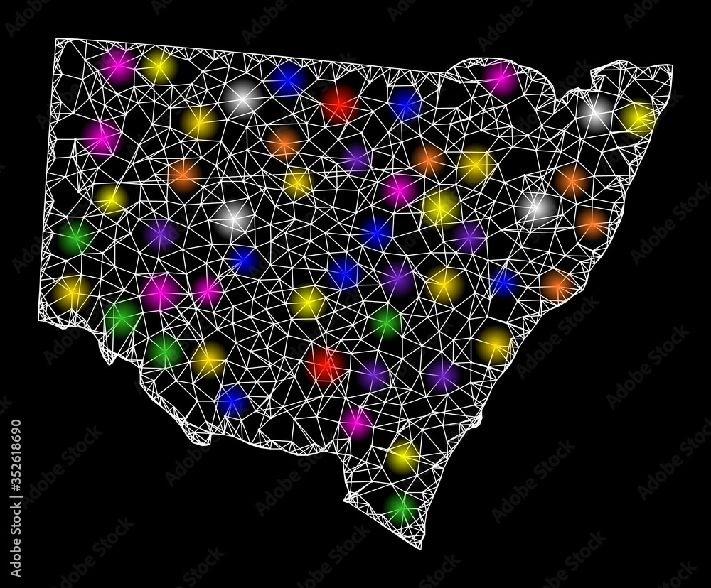 Poster web mesh vector map of new south wales with glare effect on a black background. abstract lines, ligh
