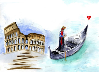 Watercolor watercolor sketch of Italy with gondolier and Colosseum © Natalya
