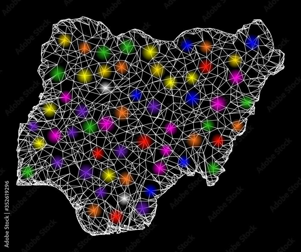 Poster web mesh vector map of nigeria with glare effect on a black background. abstract lines, light spots 