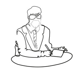 One continuous line drawing of man in job interview.
One line drawing of man test writing.