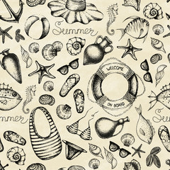 Summer set. Hand drawn retro icons summer beach set on a grunge paper background. Vintage style. Seamless pattern. Vector illustration.