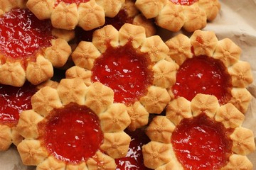 Delicious fresh cookies with strawberry jam macro