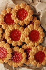 Delicious fresh cookies with strawberry jam macro