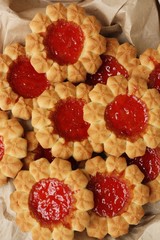 Delicious fresh cookies with strawberry jam macro