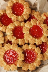 Delicious fresh cookies with strawberry jam macro