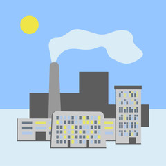 Modern city day landscape. Technology concept vector design. Environment pollution. Noon sky. Skyline with a smoking plant chimney at daytime.