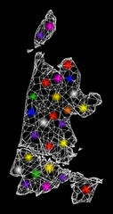 Web mesh vector map of North Holland with glare effect on a black background. Abstract lines, light spots and circle dots form map of North Holland constellation.