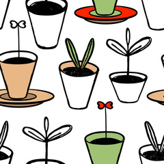 Vector seamless pattern. Young shoots in flower pots. Doodle style, hand-drawn, forcing plants, seedlings in pots. Black outline drawing isolated on a white background, gardening, design paper, fabric
