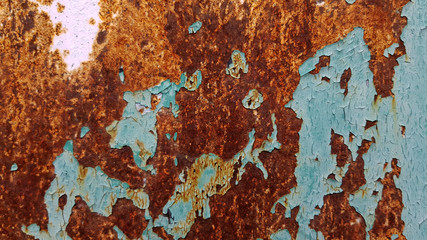 rusty metal texture background. Cracked old painted texture closeup on rusty brown metal surface