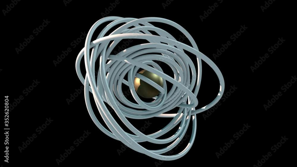 Poster 3d animation with alpha channel. a golden sphere in the center of moving rings, on a black backgroun