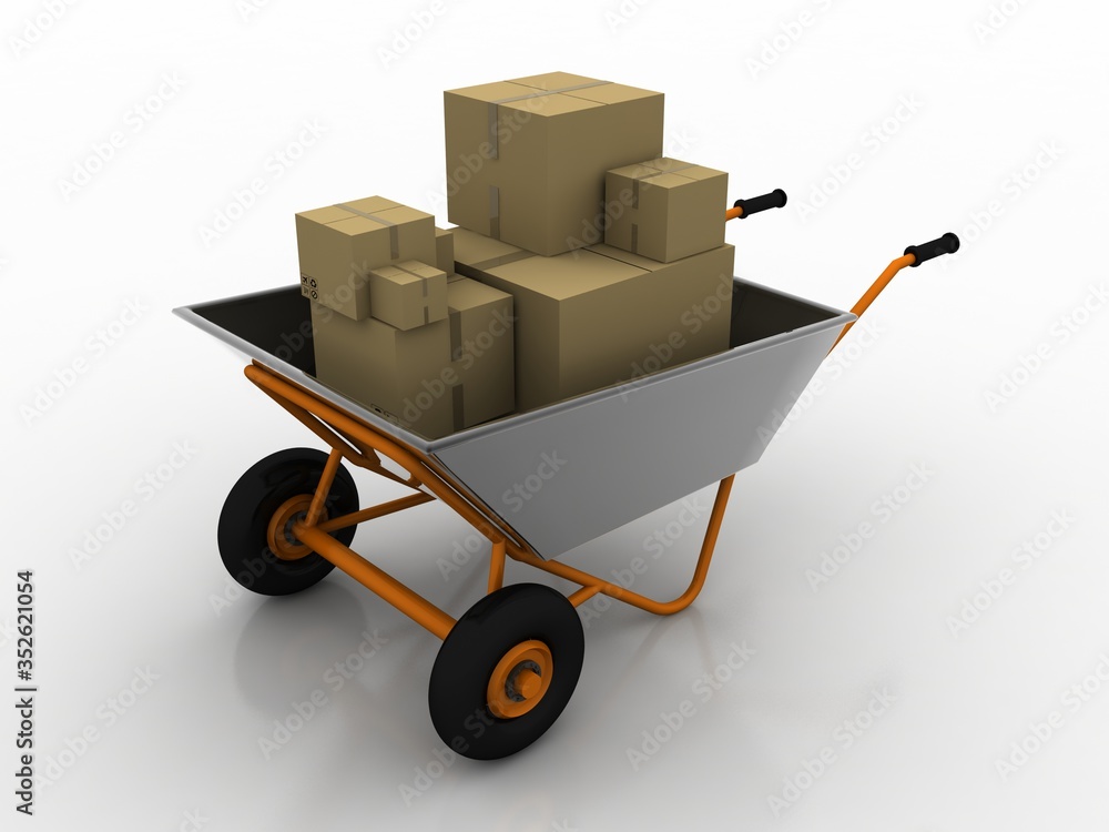 Poster 3d rendering cardboard boxes in wheelbarrow