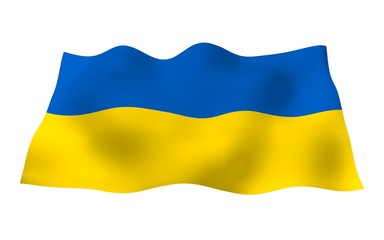 The flag of Ukraine on a white background. National flag and state ensign. Blue and yellow bicolour. 3D illustration waving flag