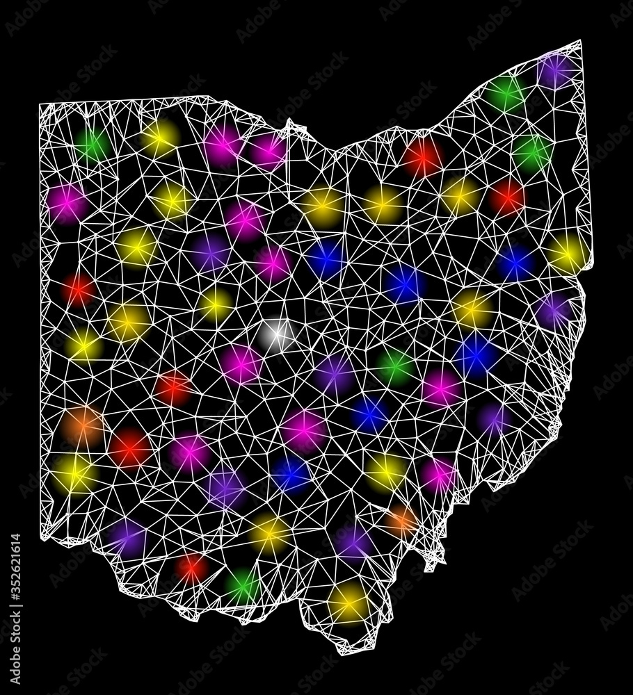 Poster web mesh vector map of ohio state with glare effect on a black background. abstract lines, light spo