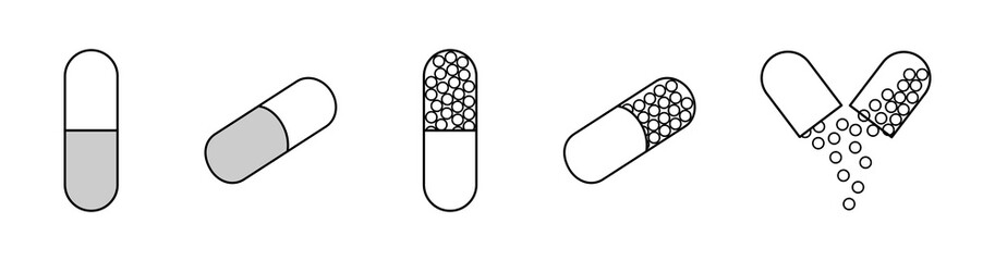 Outline style oval capsule pills set isolated illustration on white background