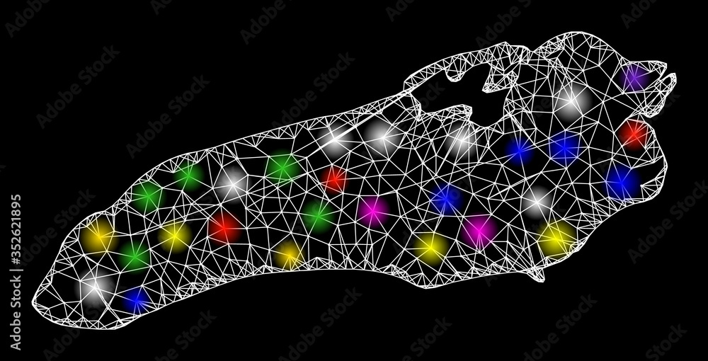Poster web mesh vector map of ontario lake with glare effect on a black background. abstract lines, light s