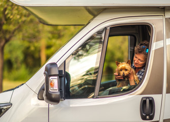 Woman Traveling With Her Dog Inside Camper Van - obrazy, fototapety, plakaty