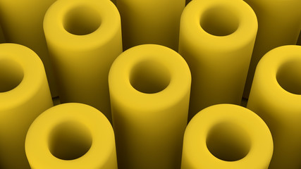3d render. Abstract background with soft yellow tubes. Tubes with holes.