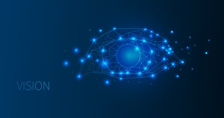 Company vision or focus on goal. Glowing polygonal eye on dark blue background, vector illustration