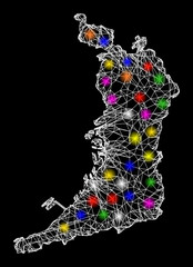 Web mesh vector map of Osaka Prefecture with glare effect on a black background. Abstract lines, light spots and dots form map of Osaka Prefecture constellation.