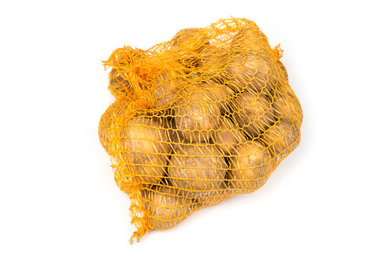 Popato in the mesh net bag on a white