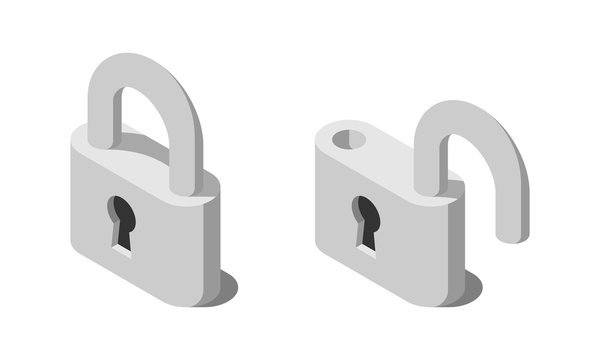 Isometric lock and unlock vector icon.