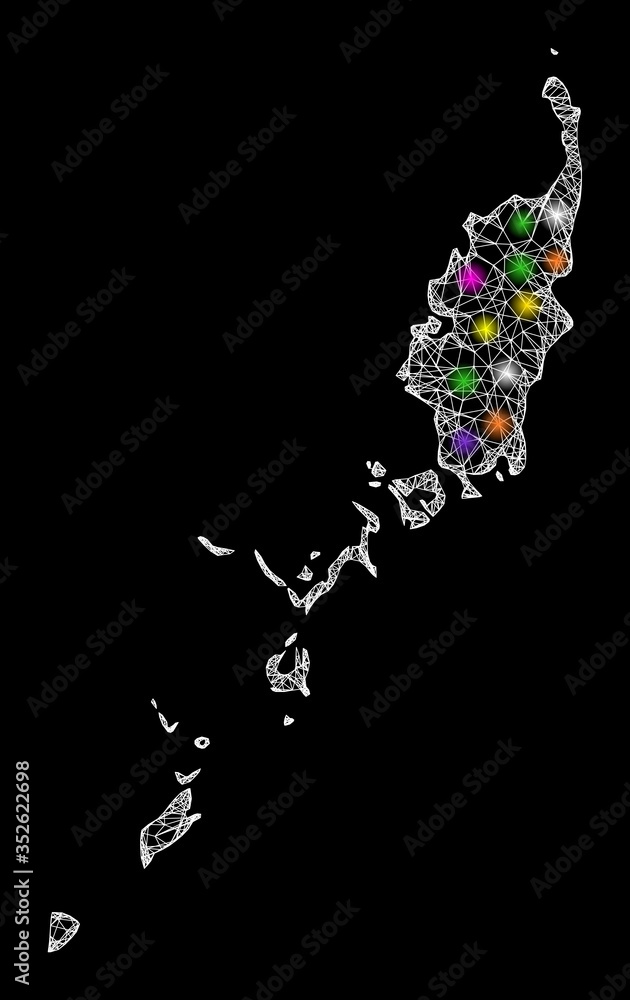 Poster web mesh vector map of palau islands with glitter effect on a black background. abstract lines, ligh
