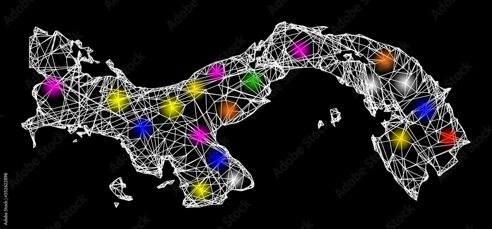 Poster web mesh vector map of panama with glare effect on a black background. abstract lines, light spots a