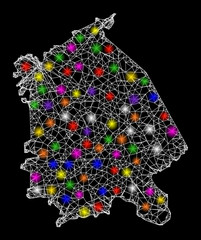 Web mesh vector map of Pavlodar Region with glow effect on a black background. Abstract lines, light spots and dots form map of Pavlodar Region constellation.