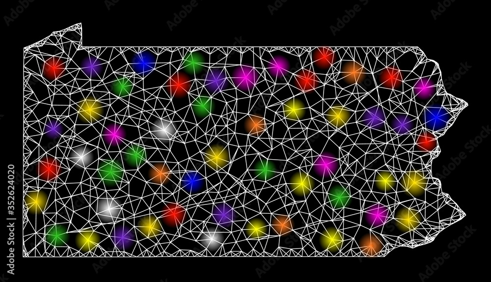 Poster web mesh vector map of pennsylvania state with glare effect on a black background. abstract lines, l