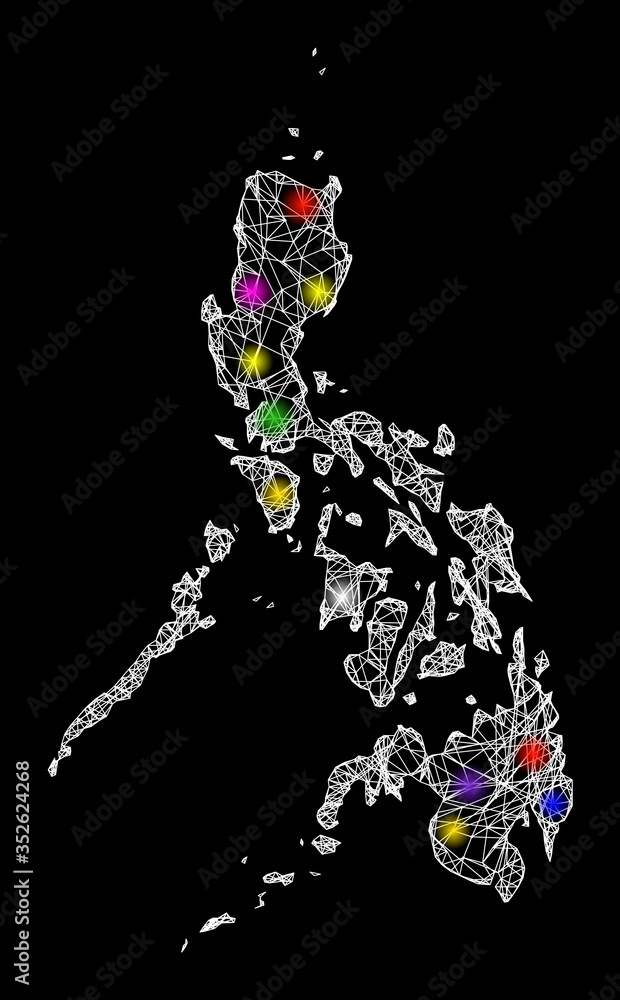 Aufkleber web mesh vector map of philippines with flare effect on a black background. abstract lines, light sp