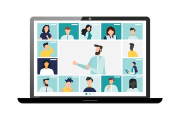 Conference video call, remote project management, quarantine, chat with friends. Vector illustration in a modern style.