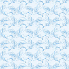 Blue Monochrome Crane Birds Vector Seamless Pattern