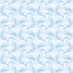 Wall murals 3D Blue Monochrome Crane Birds Vector Seamless Pattern