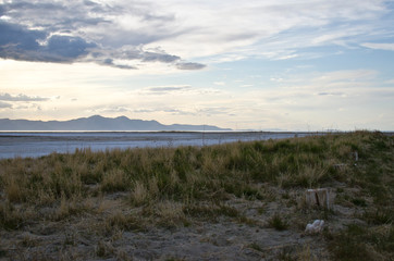 A wide view of the grassland basin area of the great salt lake in the utah landscapes. 
