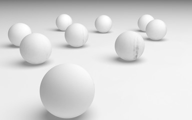 White abstract background. Set of white balls isolated on white backdrop. 3D illustration