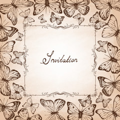 Set of hand drawn butterflies. Frame Invitation. Vector illustration