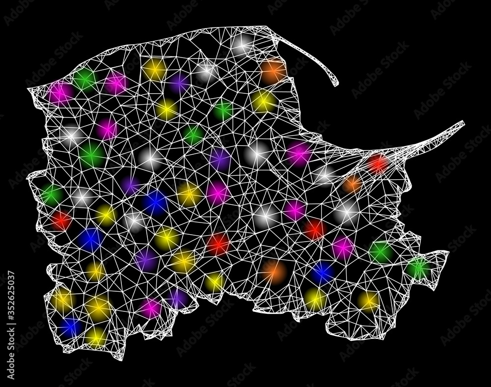 Poster web mesh vector map of pomerania province with glare effect on a black background. abstract lines, l