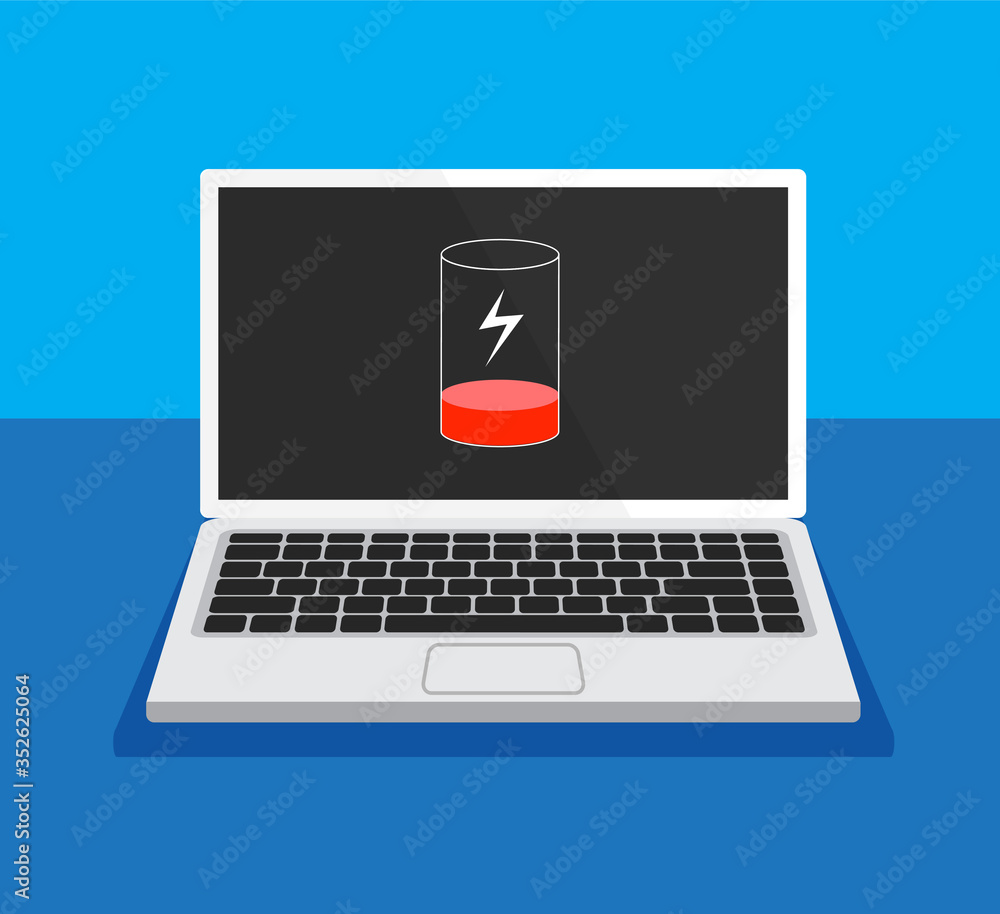 Aufkleber low battery concept. laptop needs charging. computer monitor with keyboard front view. flat design. 