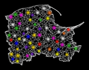 Web mesh vector map of Pomerania Province with glare effect on a black background. Abstract lines, light spots and spheric points form map of Pomerania Province constellation.