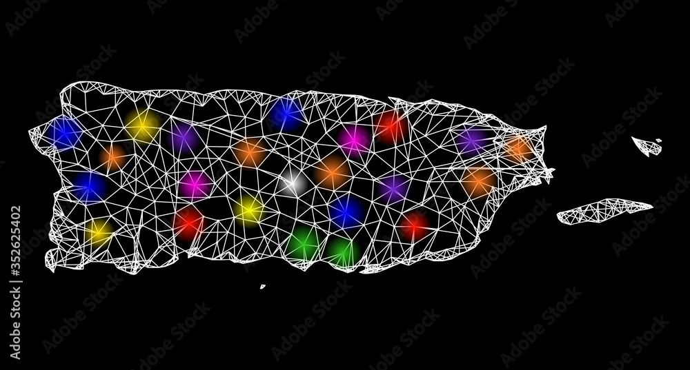 Poster web mesh vector map of puerto rico with glitter effect on a black background. abstract lines, light 