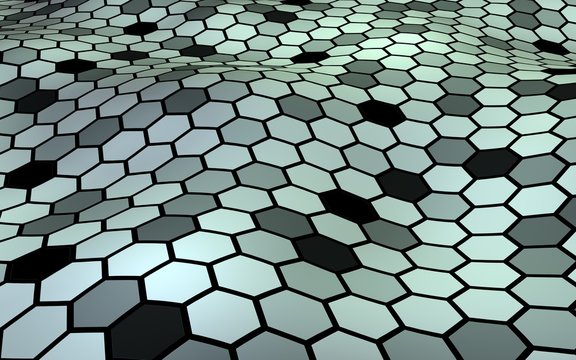 Honeycomb with a gradient color. Perspective view on polygon look like honeycomb. Wavy surface. Isometric geometry. 3D illustration © Plastic man