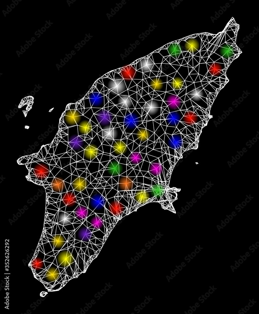 Poster web mesh vector map of rhodes island with glare effect on a black background. abstract lines, light 