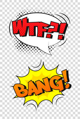 Vector comic sound effect. Cartoon speech bubble with phrase Wtf and Bang.	
