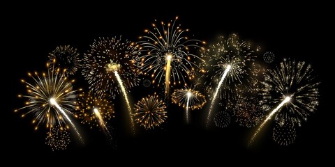 Golden firecracker. Shiny gold fireworks arc, premium yellow firework burst and luxury holiday celebration vector illustration