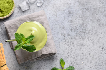 Dalgona Iced Matcha tea. Space for text. View from above.