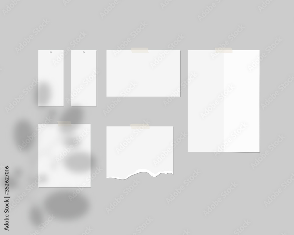 Poster mood board mockup template. empty sheets of white paper on the wall with shadow overlay. mockup vect