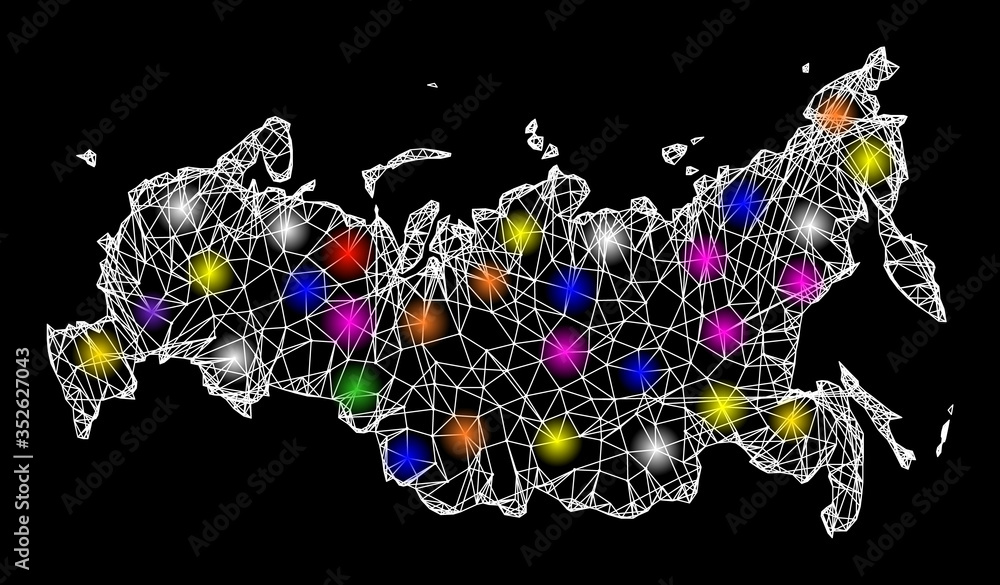 Poster web mesh vector map of russia with glare effect on a black background. abstract lines, light spots a