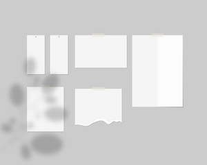 Mood board mockup template. Empty sheets of white paper on the wall with shadow overlay. Mockup vector isolated. Template design. Realistic vector illustration.