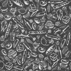 Collection of hand-drawn food on the blackboard. Retro vintage style food design.Seamless pattern. Vector illustration.