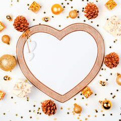 golden christmas balls on white background, christmas card